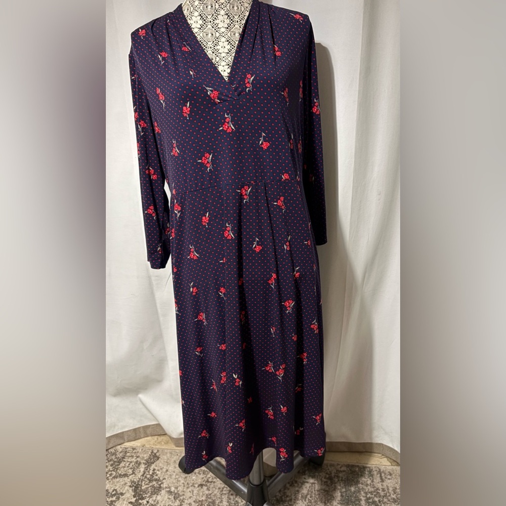 Charter Club Weekend XLarge A-Line V-Neck Maxi Dress Navy Blue Red Flowers